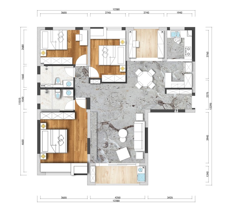 135现代三房装修效果图,135㎡现代灰+蓝装修案例效果图-美广网