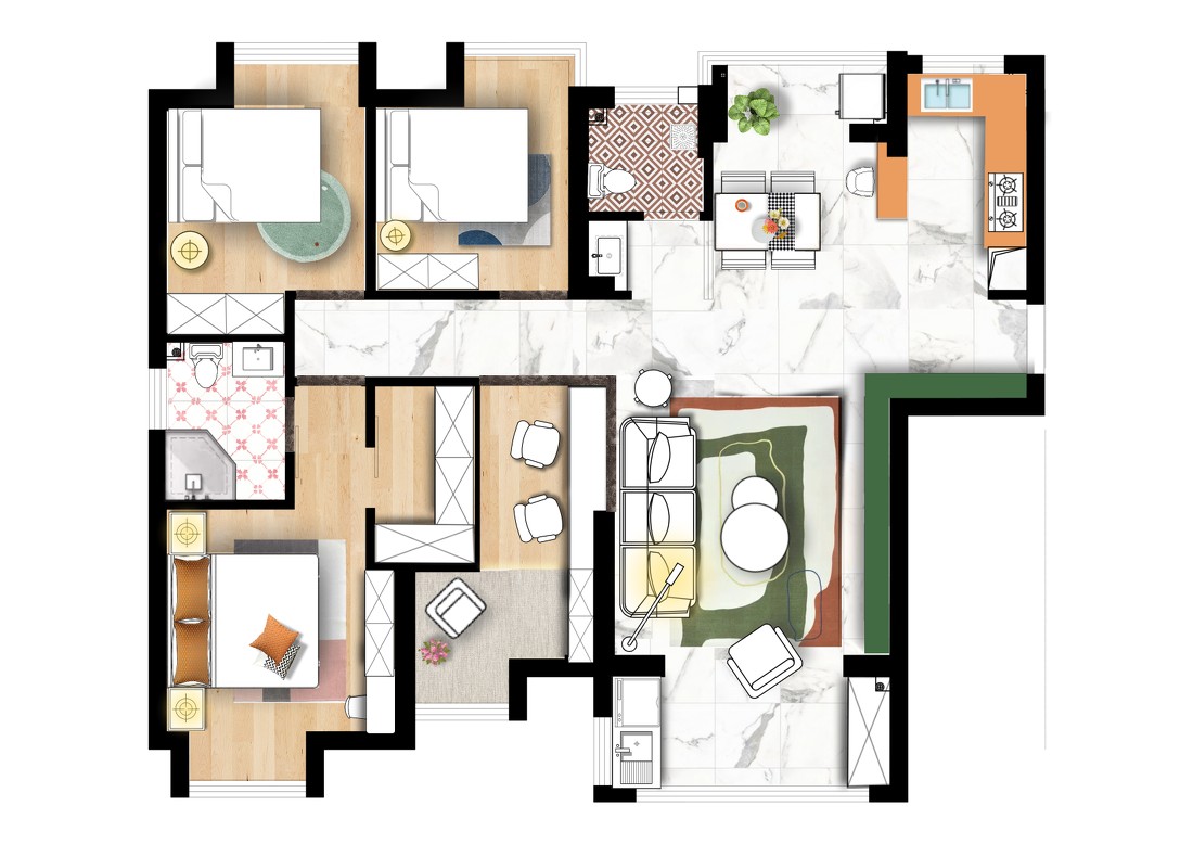 90现代三房装修效果图,90平橙绿撞色给你好看装修案例效果图-美广网(图1)