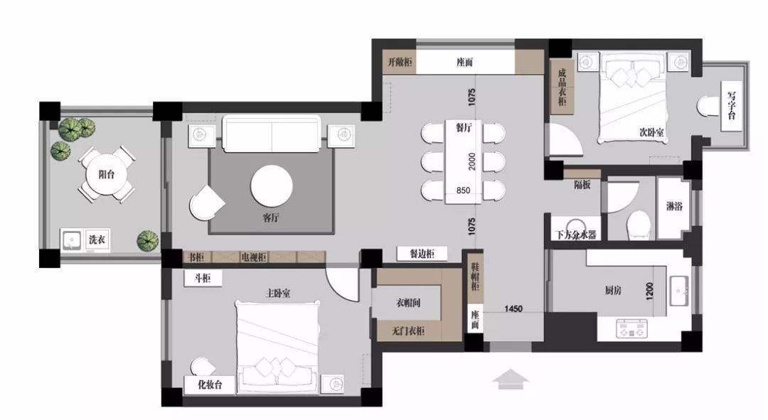 105现代两房装修效果图,105㎡舒适简约+强收纳装修案例效果图-美广网
