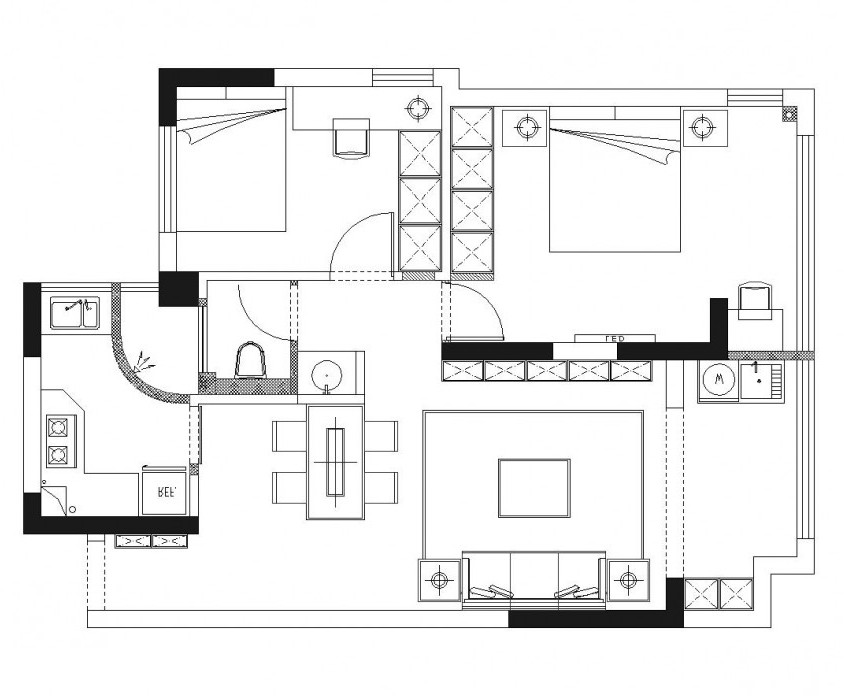 90现代两房装修效果图,简单的黑白构建丰富的层次装修案例效果图-美广网(图1)