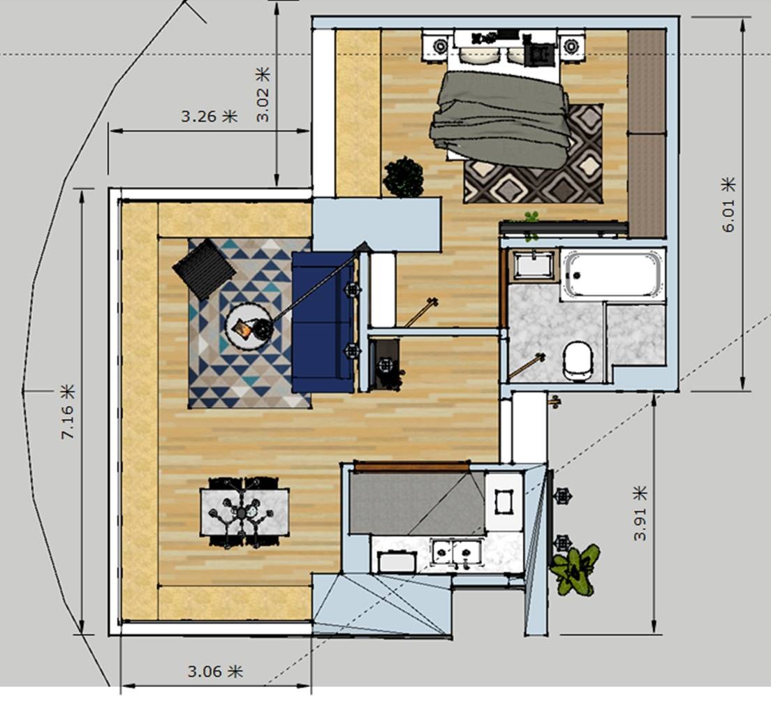 52现代小户型/一房装修效果图,闹市区的风景装修案例效果图-美广网