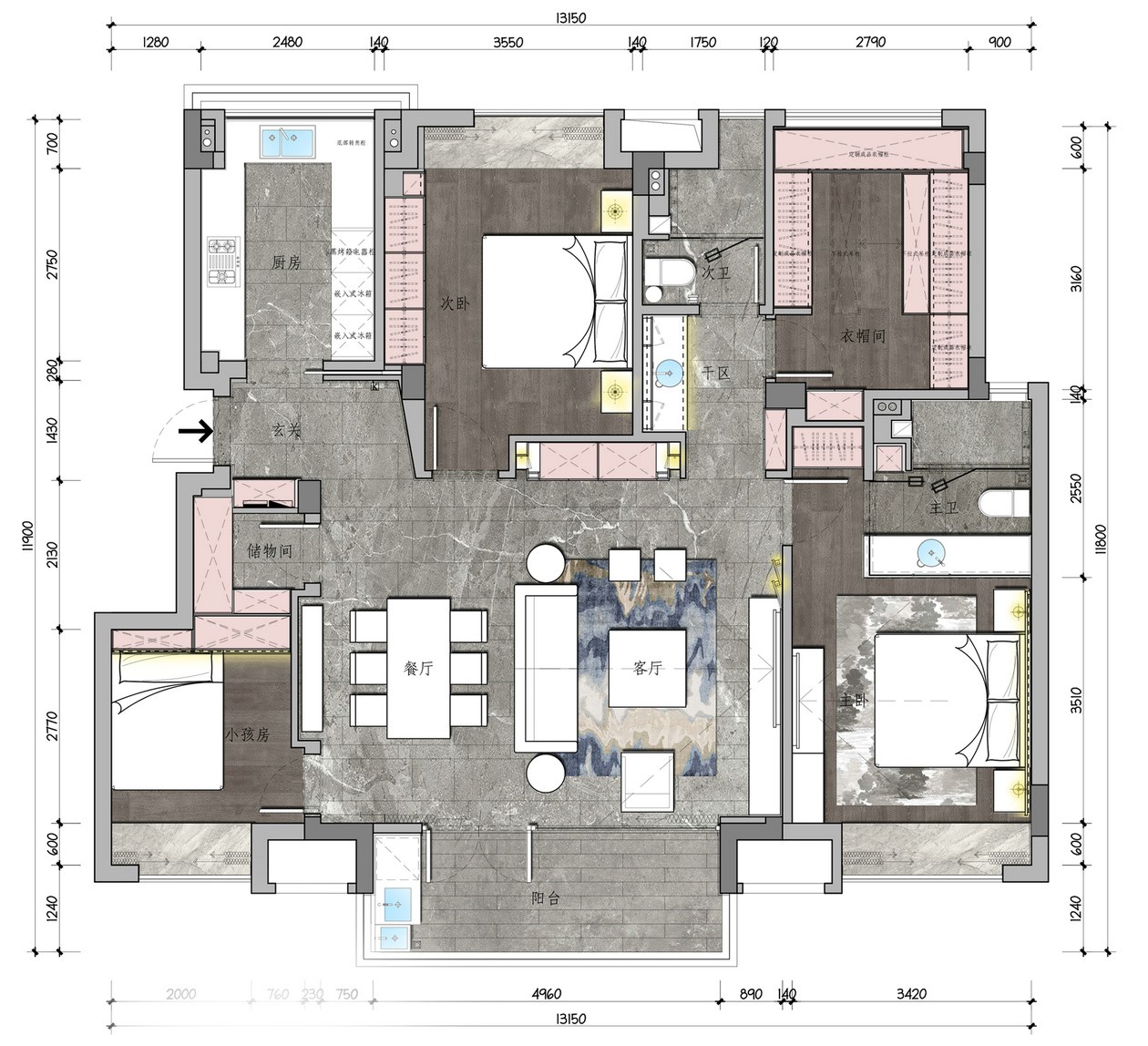 112现代三房装修效果图,112平现代简约精致生活装修案例效果图-美广网