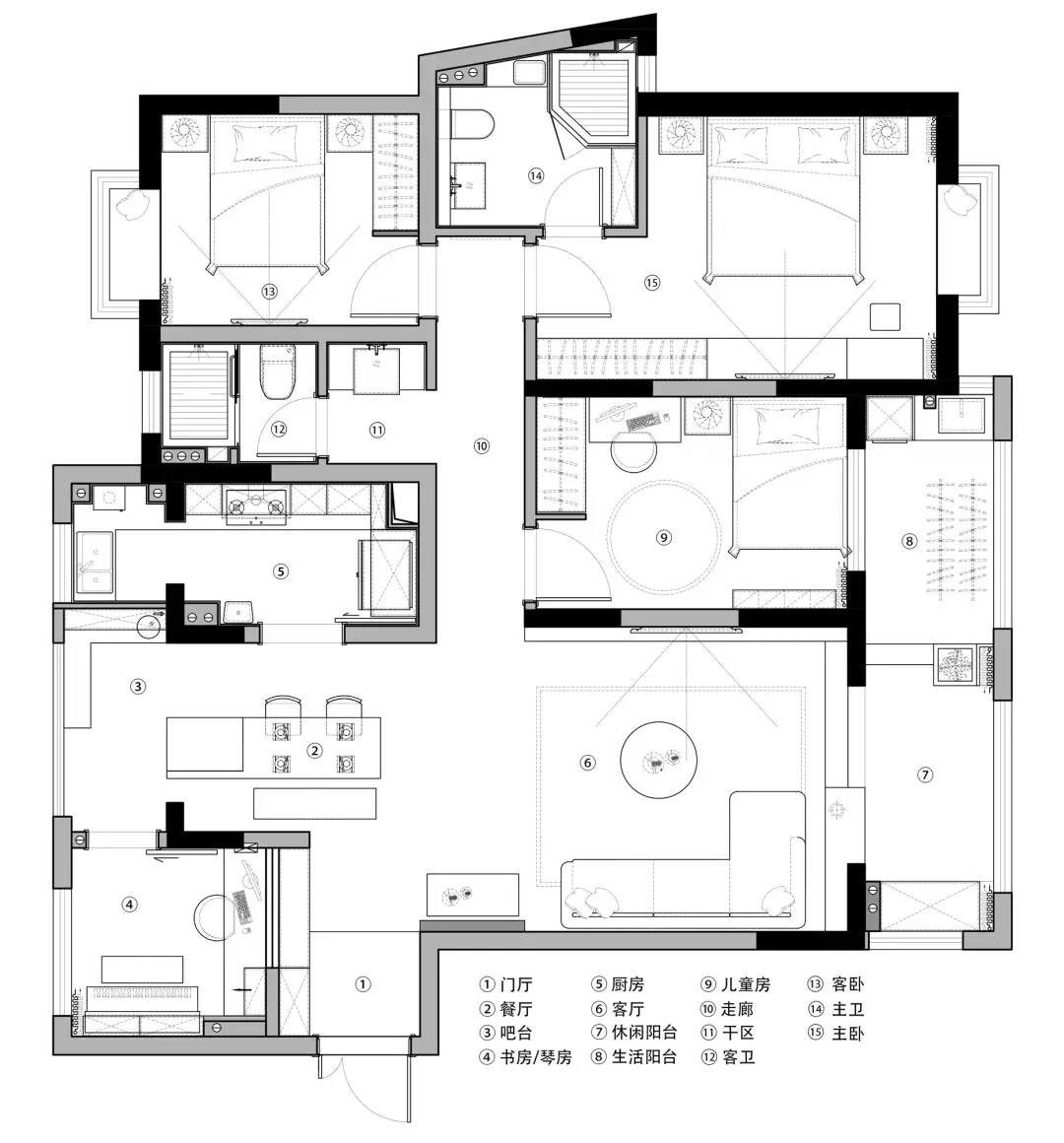 121现代四房装修效果图,121平现代风格静谧舒装修案例效果图-美广网