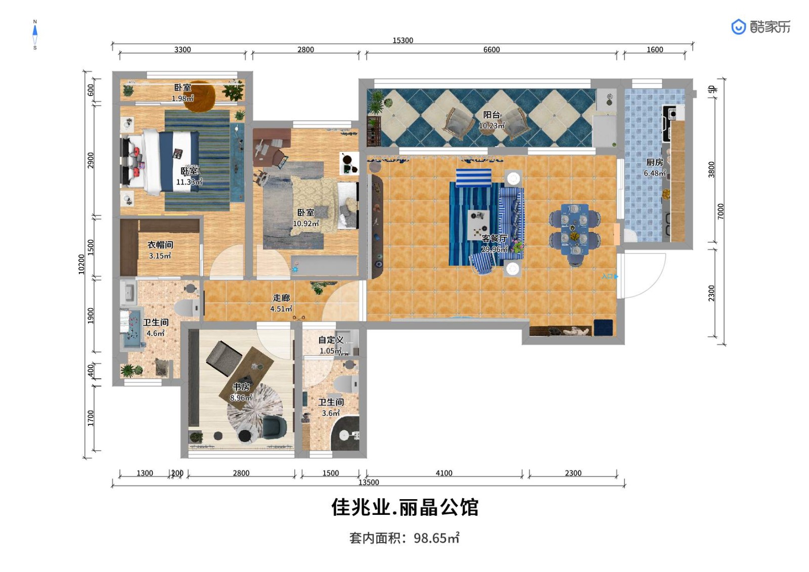 98混搭三房装修效果图,98.6m²地中海风格装修案例效果图-美广网(图1)