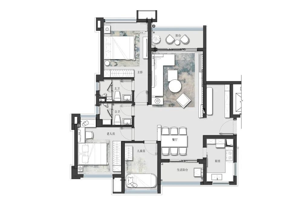 106现代三房装修效果图,温情与安宁的家装修案例效果图-美广网
