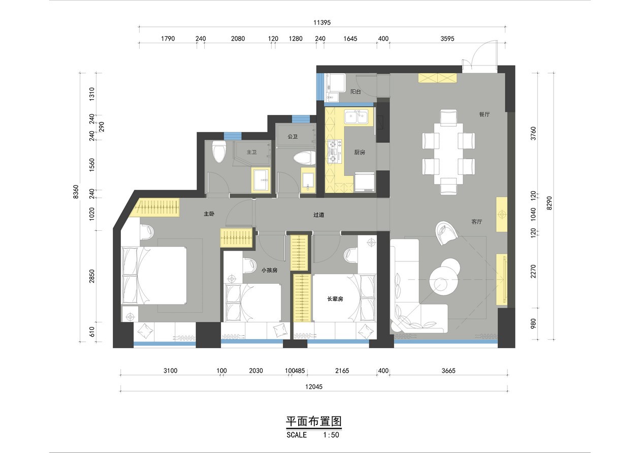80混搭三房装修效果图,80平现代混搭丨有色灰阶装修案例效果图-美广网(图1)