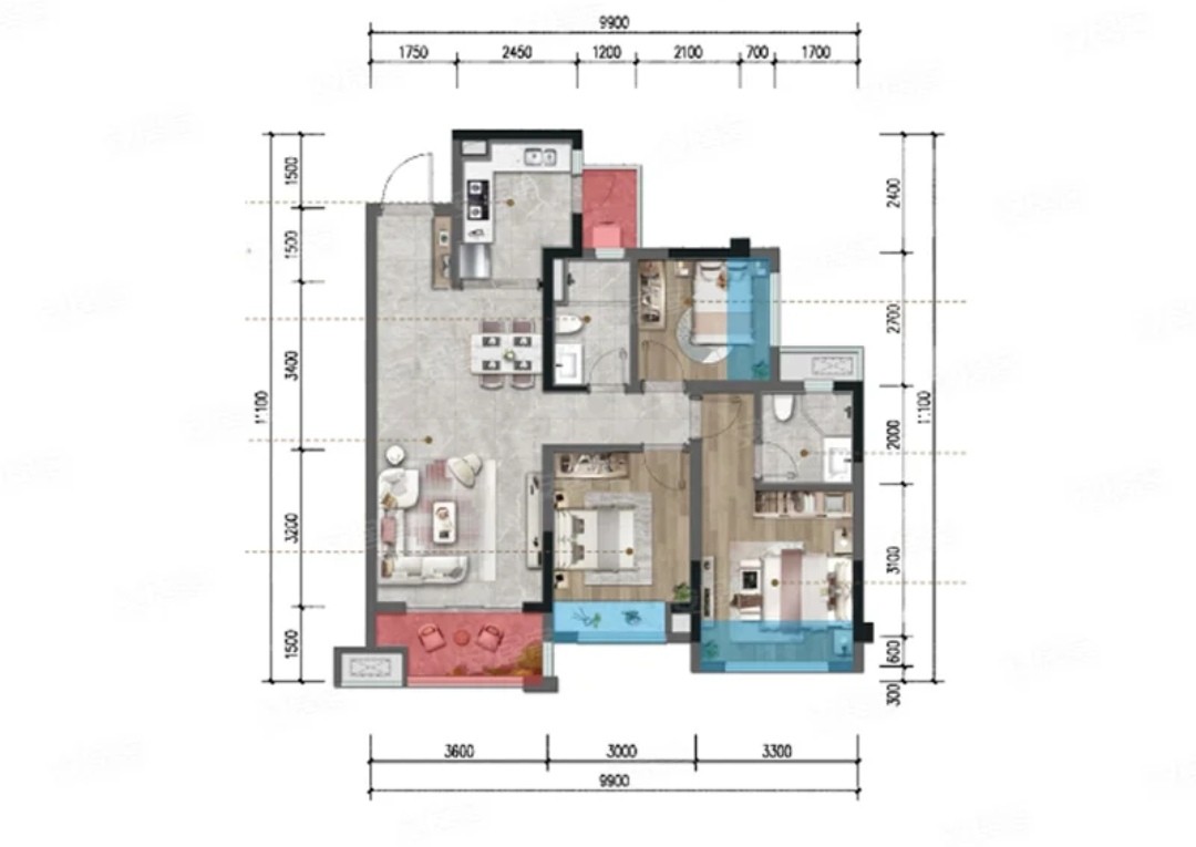 95现代三房装修效果图,95平方米现代风格装修案例效果图-美广网