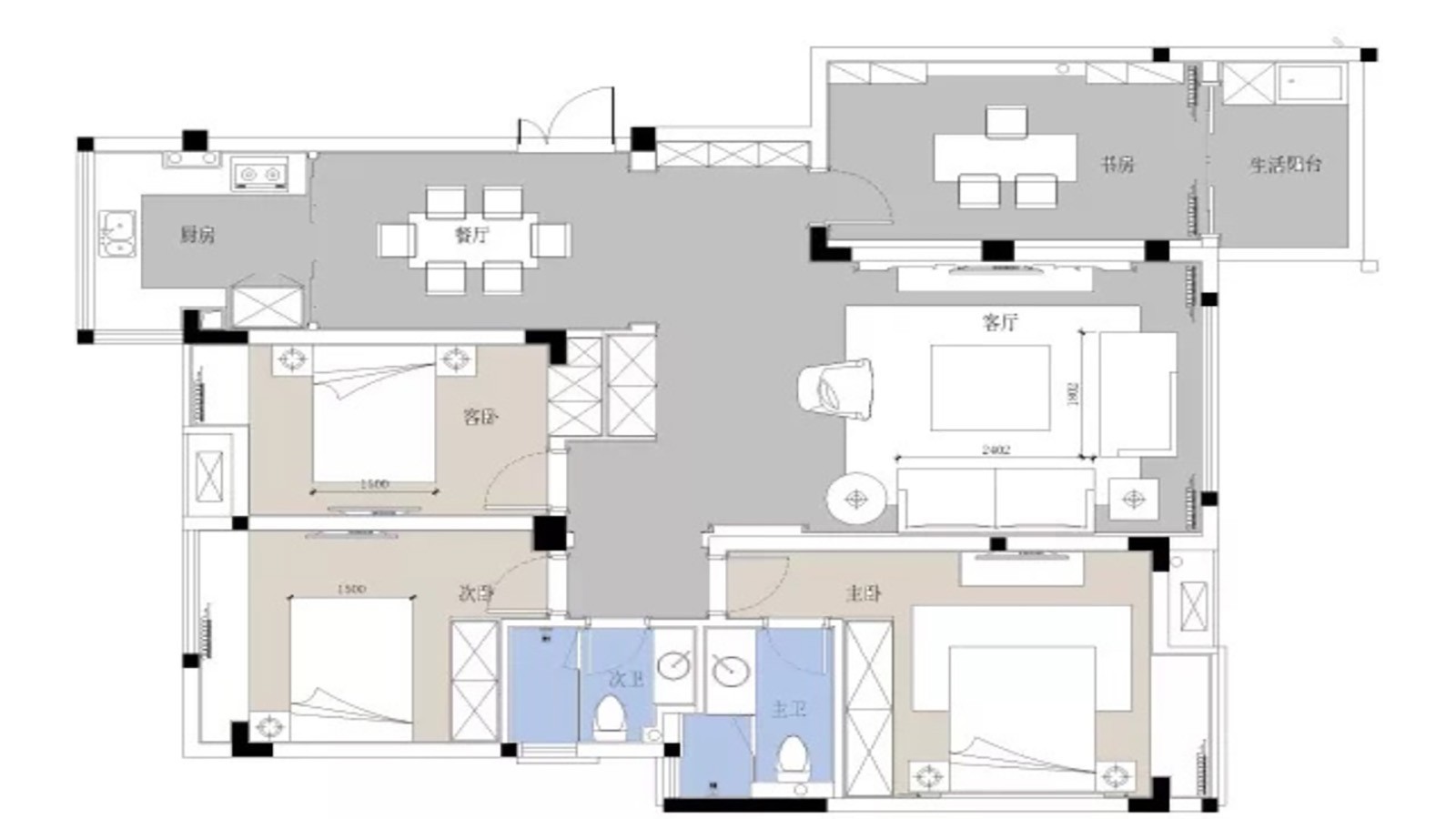124现代三房装修效果图,现代风时尚的家装修案例效果图-美广网(图1)