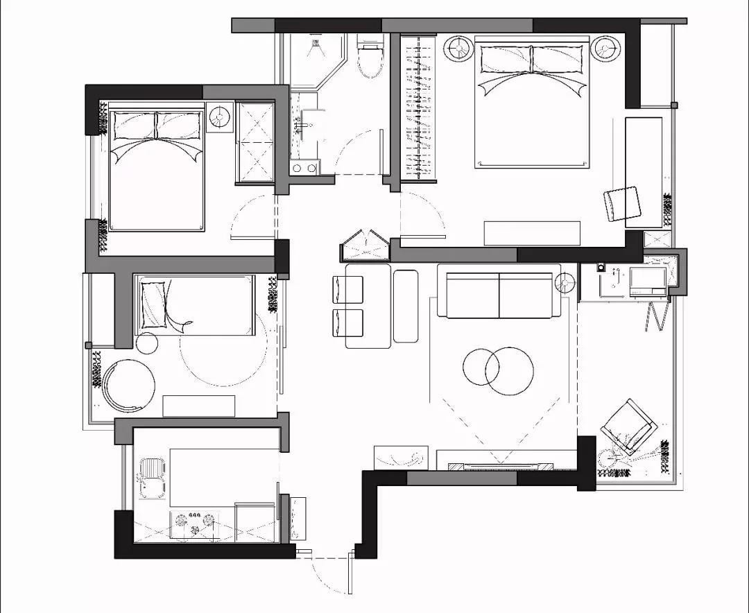 78现代两房装修效果图,二居变三居装修案例效果图-美广网(图1)