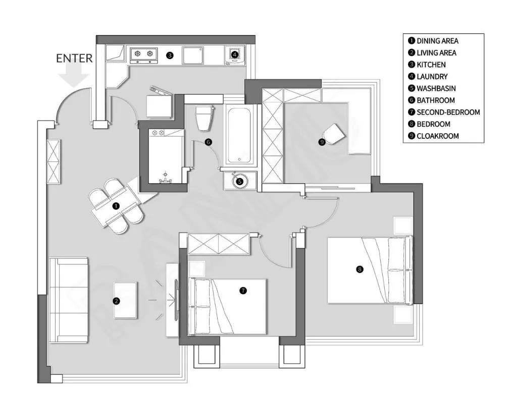 76现代三房装修效果图,76㎡黑白灰小三居装修案例效果图-美广网