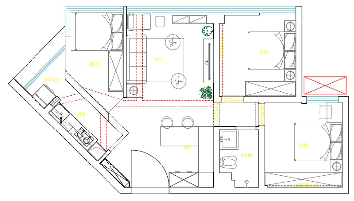 70现代三房装修效果图,温馨浪漫的绿色装修案例效果图-美广网(图1)
