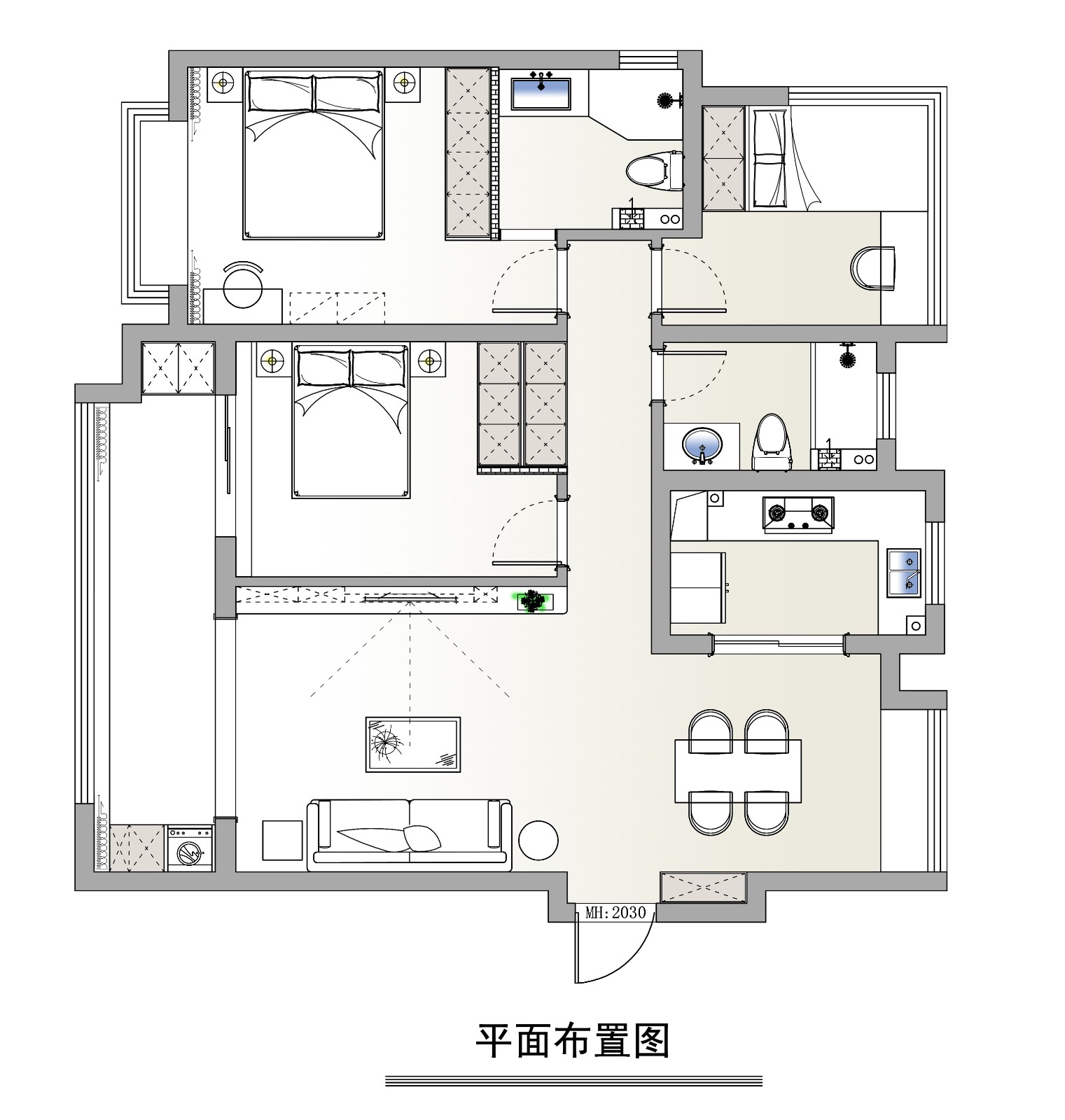 110现代三房装修效果图,现代简约风，空间利用完美装修案例效果图-美广网(图1)