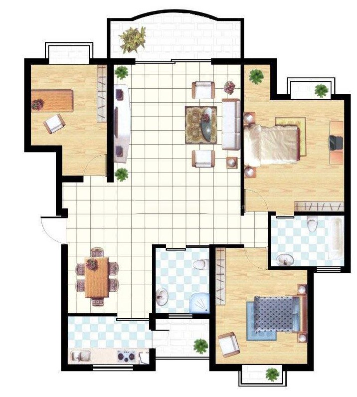 120现代三房装修效果图,118㎡现代轻奢活力的家装修案例效果图-美广网